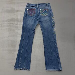 COOGI Women's Blue Denim Jeans Embroidered Peace Signs Flared Leg Size 11 12